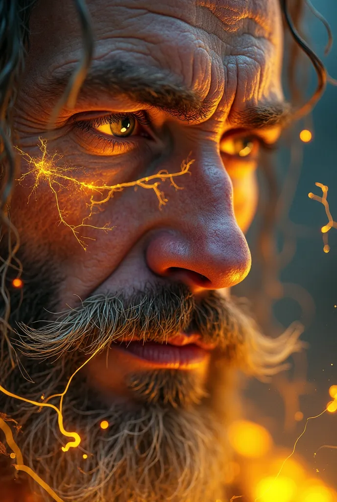 Close up portrait of a meta human, realistic skin, long hairs, light beard and mustache, his veins are glowing as if yellow electricity is passing through his veins, thunder electricity is in his eyes as if he is charging for attack