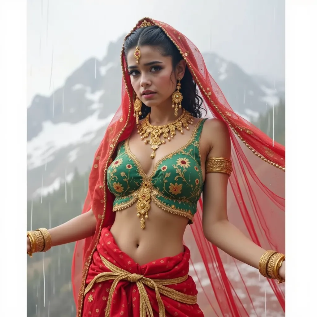 beautiful young maiden, standing in the rain, large breasts, wearing heavy makeup, long eye lashes, eye mascara, wearing golden ornaments, long earrings, necklace, arm bands, bangles,waist chain,worried look, snow capped mountains in the background,(bottom...