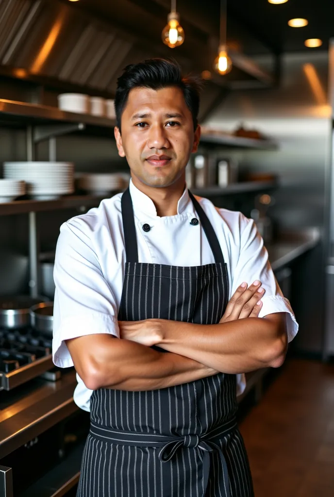 35 year old Indonesian executive chef standing in the hotel kitchen, focus on camera. realistic photography, high quality. natural skin 