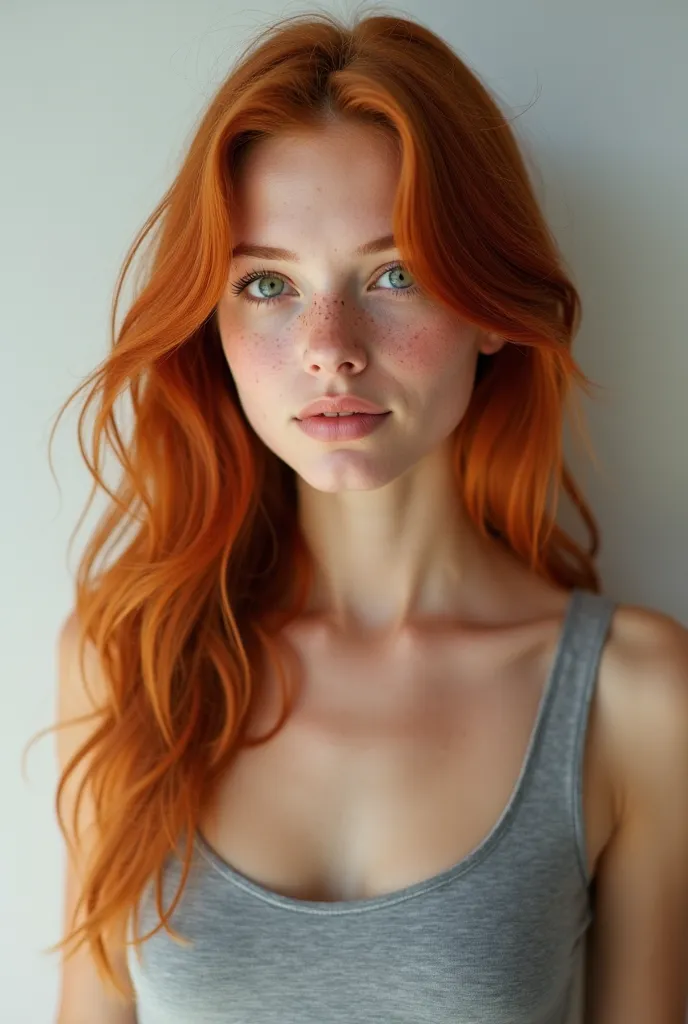 "Portrait of a young red-haired woman with long wavy hair,  fair skin with freckles , bright green eyes and serene expression. She wears a fine gray tank top, and the background is minimalist in a soft white tone. The lighting is soft and natural, highligh...