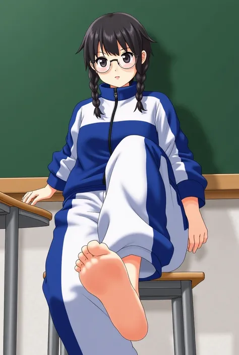 score_9, score_8_up,score_7_up,1girl,solo,black hair,baggy blue and white track suit,baggy blue and white track pants,glasses,black hair,low twin braids, ,desk,sitting on desk,foot up,barefoot,soles,foot focus,from below,anklet,bare legs,chalkboard,