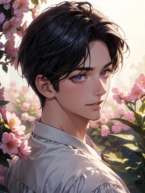 anime boy, handsome face, casual style, purple eyes, black hair, artistic background, (eye details), (face details), (body details), (background details), (masterpiece)