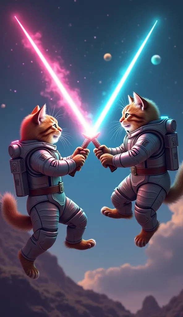 
"Two cats in space, floating in zero gravity as they duel with glowing energy swords. One cat wears futuristic silver armor, while the other wears a stylized space suit. The background shows distant stars and colorful planets, creating an epic and dynamic...