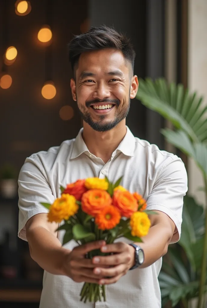 it is beautiful, medium pumped, a short-haired man, well-shaved, in good shape, hands out a bouquet of flowers directly to the camera and smiles moderately