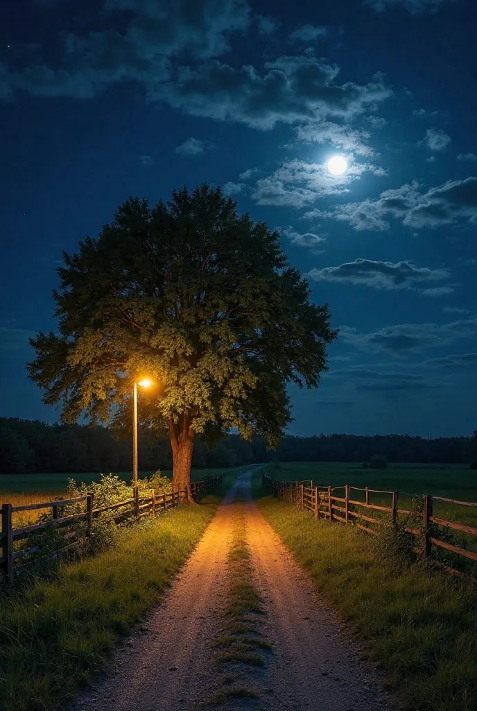 "A serene rural dirt road at night, illuminated by a warm streetlamp near a large, lush tree. The road is flanked by wooden fences leading into the distance, surrounded by grassy fields. The night sky is deep blue, with scattered clouds and a bright full m...