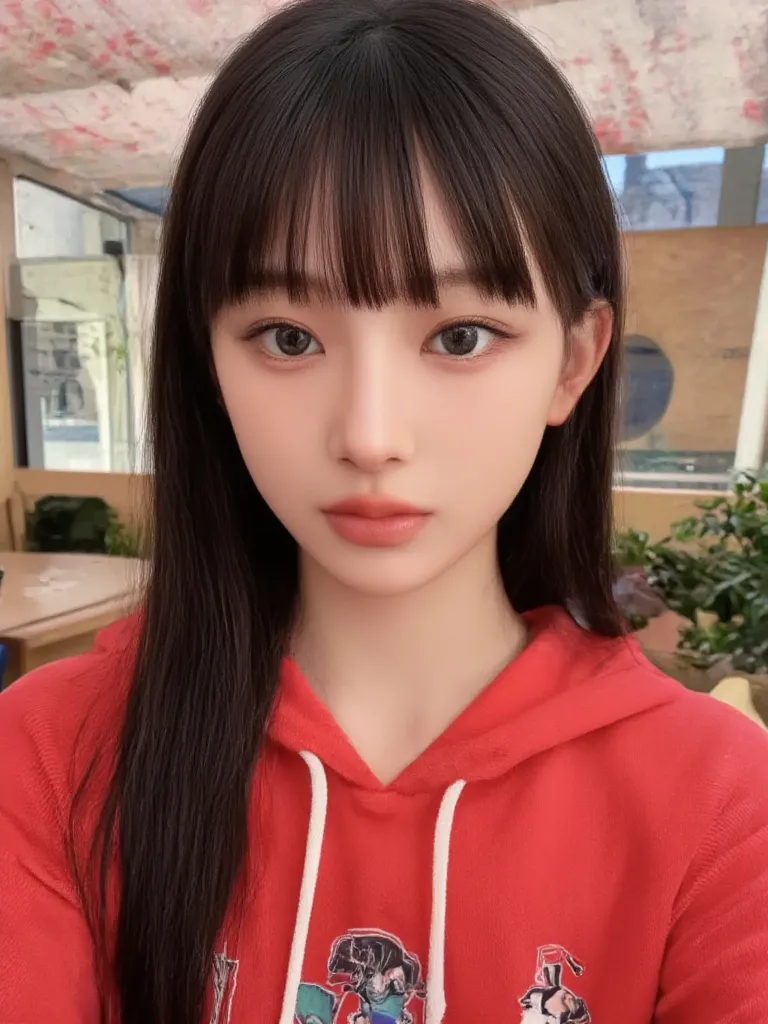 A kpop girl, long black hair, blue eyes, pretty, stunning, angelic beauty, casual, realistic, in her bedroom, wearing a red hoodie with her hood on
Realistic, instagram selfie, trendy, cute