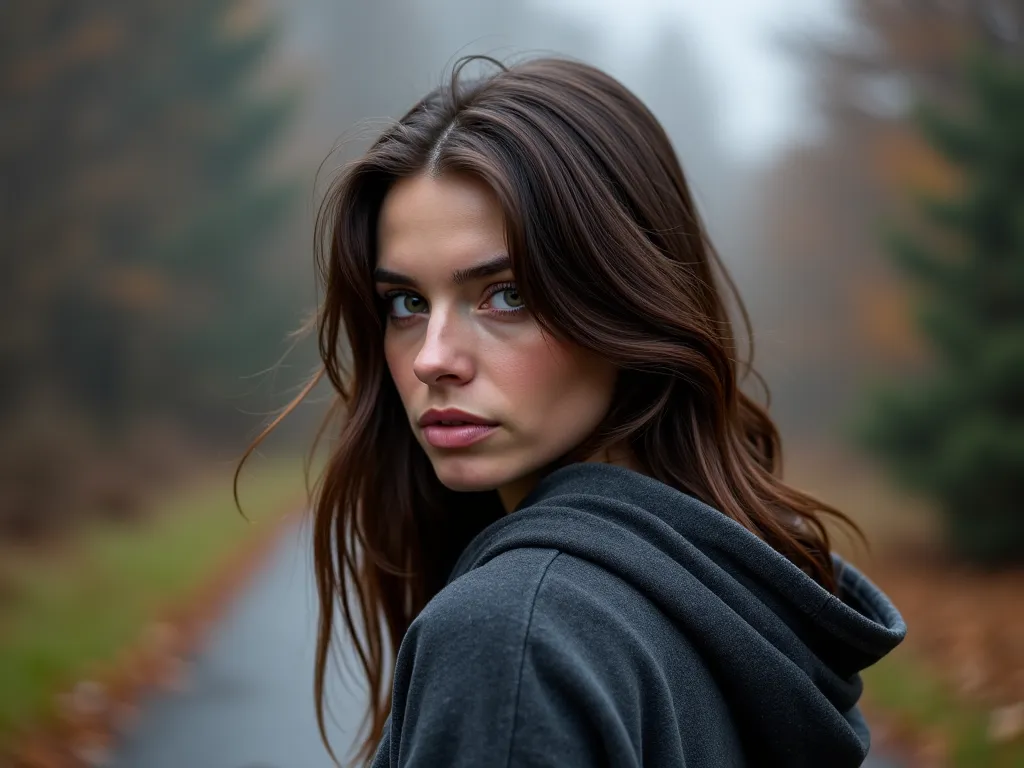 a fair complected, beautiful 28 year old brunette woman with hazel green eyes. she is looking back at the camera. she is wearing a dark grey hoodie. the weather is fall time and cool and damp. she has a look of intrigue on her face. her back is towards the...