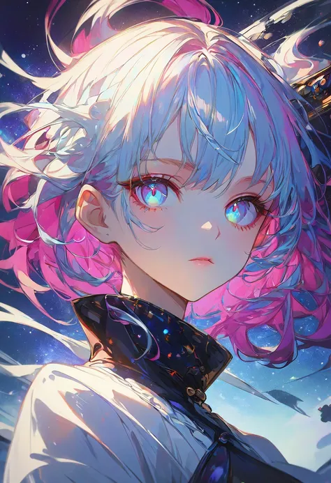 Anime girl with colorful hair and blue eyes looking at something, anime style 4 k, Anime Art Wallpaper 4k, Anime Art Wallpaper 4K, Anime Art Wallpaper 8K, beautiful anime style portrait, beautiful Anime style, The animated girl with space hair , anime styl...