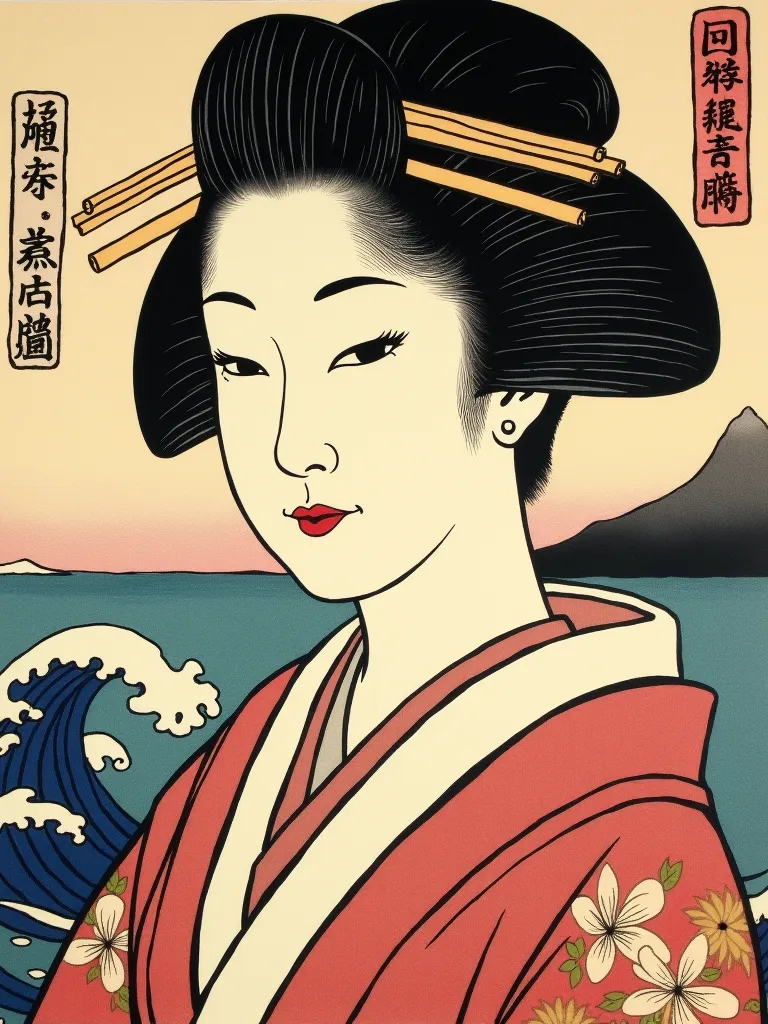 Depict me on a Japanese-style ukiyo-e woodblock print, with a traditional design and a 
bold title that reads 'Reina no Kiyomi' (The Beauty of Reina). I'm wearing a elegant kimono 
and a serene expression, with a wave and a mountain in the background. The ...