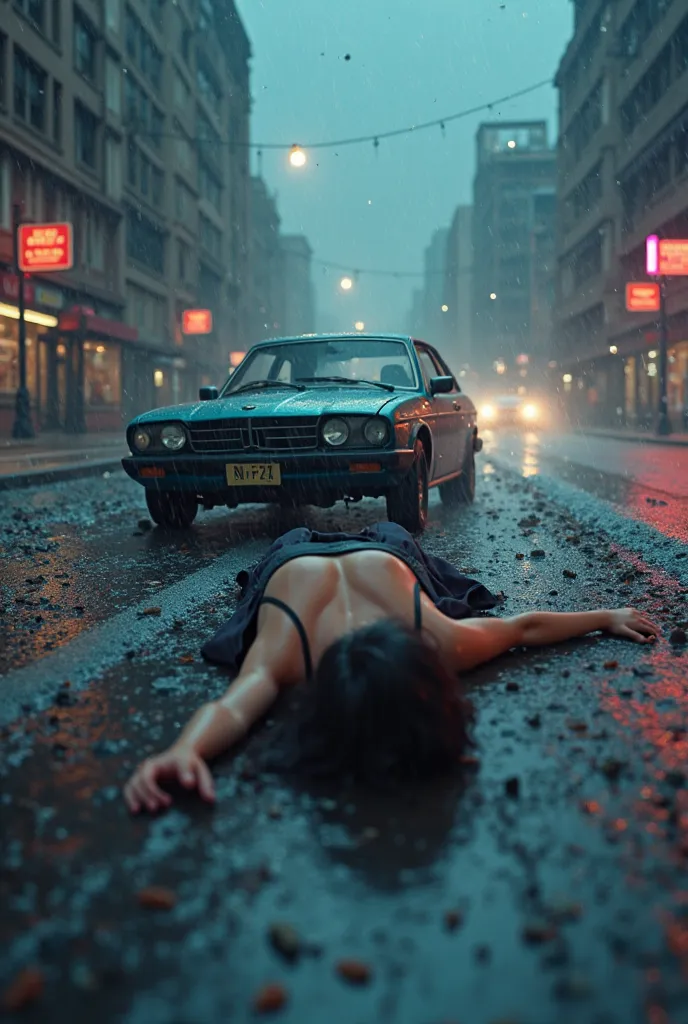 Generate in cinematic 3d cartoon style A blurry and chaotic scene—a car speeding on a wet road, a young woman died in a car accident