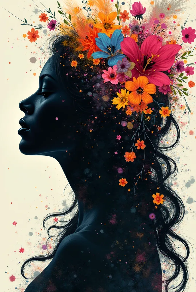 Black silhouette of a woman in front
 With colorful flowers
 In the hair
Very long hair, Abstract,  Abstractionism, To celebrate Women's Day 