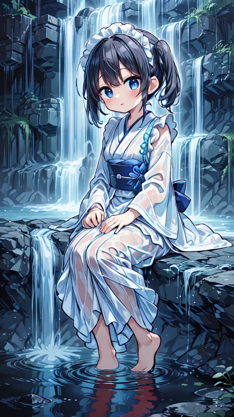 absurd, waterfall修行, cute, maid clothes, soaked, 和風maid clothes, waterfall, river, nature,  kimono, waterfall行, Girl close up, very detailed face,  Mysterious Light,  splashes , break,  kimono, maid clothes,  kimono, waterfallを浴びる, absurdな,  Japanese Maid,...