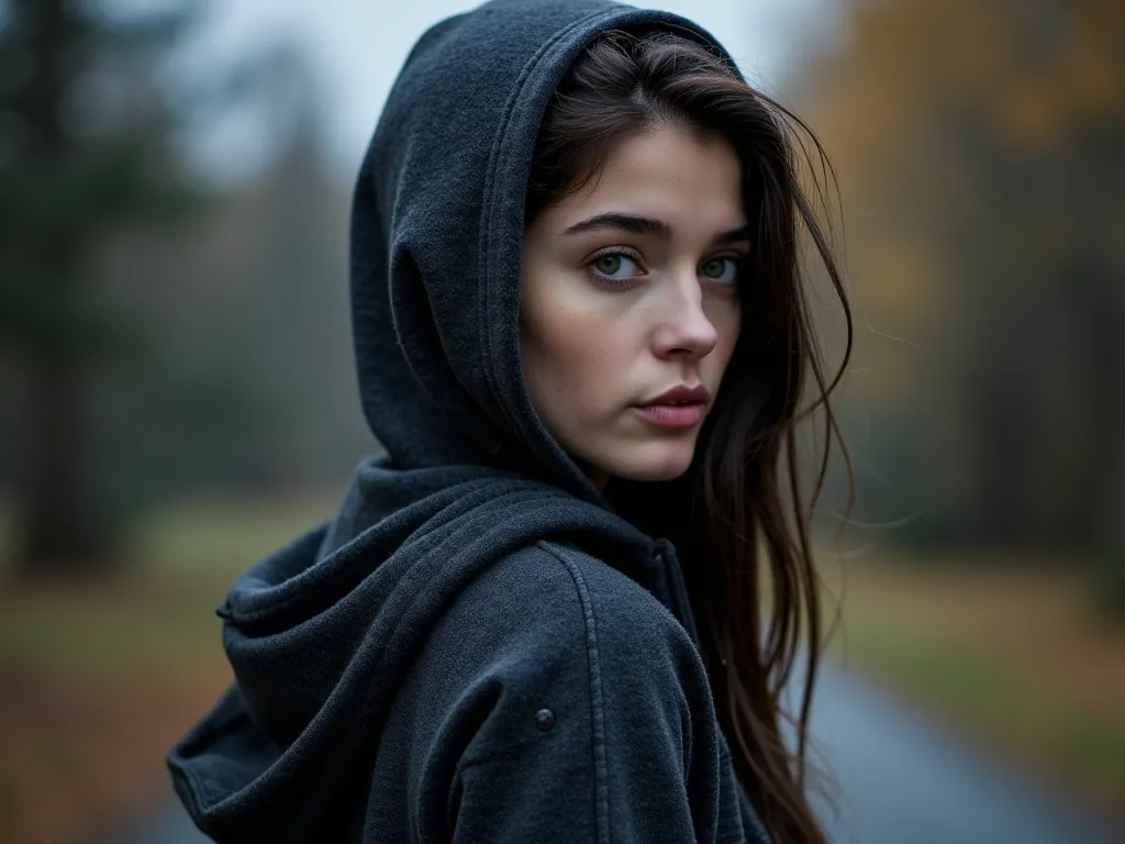 a fair complected, beautiful 28 year old brunette italian American woman with hazel green eyes. she is looking back at the camera. she is wearing a dark grey hoodie. the weather is fall time and cool and damp. she has a look of intrigue on her face. her ba...