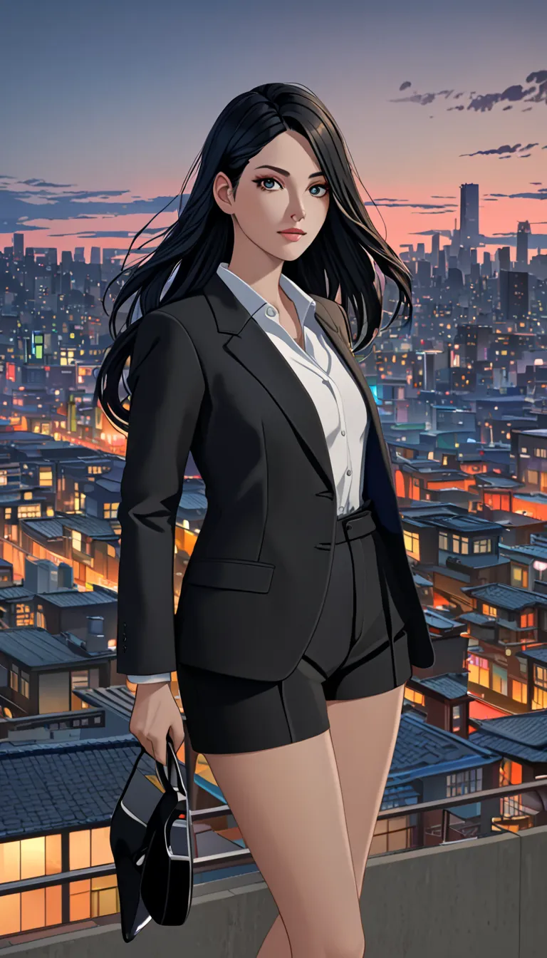 top quality, 26 year old female, black hair, long hair,  dark eyes , black clothes,  suit,  suit바지,  is standing,  city background, high resolution, Realistic, Rich color ,  expert levelanimation 스타일, 4K, 극Realistic,  expert level, vibrant colors, exquisit...