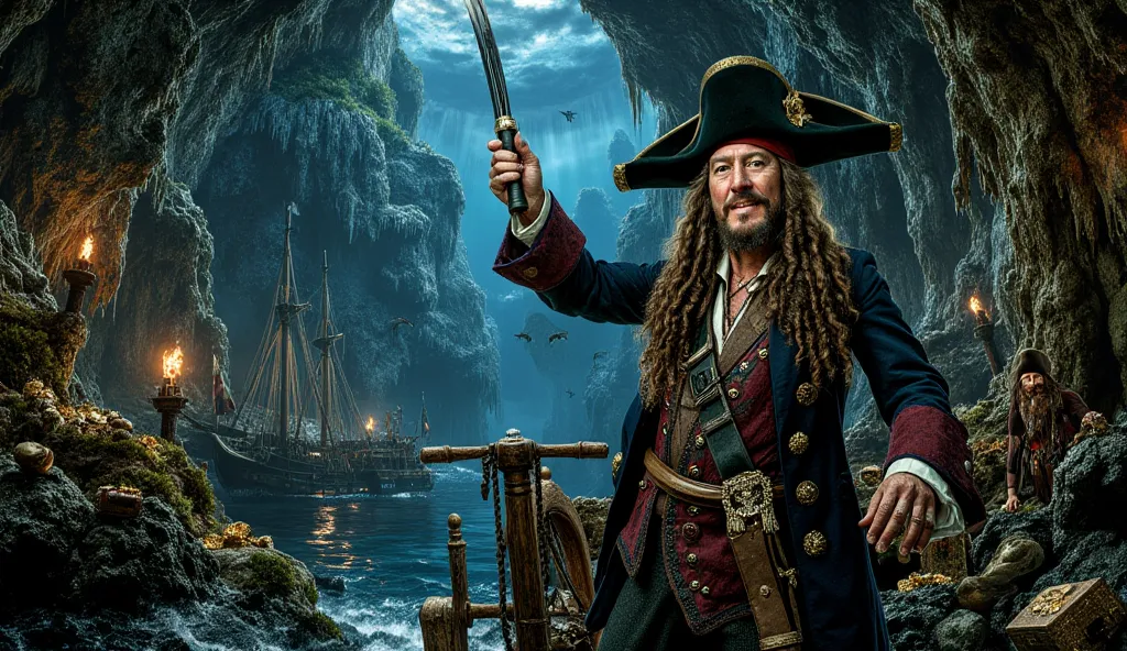 A dramatic wide shot captures Captain Hector Barbossa standing at the helm of a docked pirate ship, deep within a hidden pirate cove surrounded by towering, jagged rock formations. He grips the ornate wooden wheel with one hand while raising his cutlass hi...