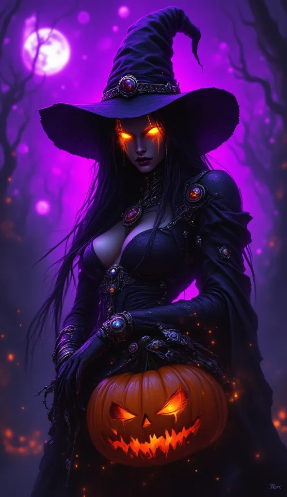 a cyberpunk cyborg girl,(1woman),jack-o'-lantern,witch,halloween decorations,transparent purple overlay,photorealistic,8k,highly detailed,masterpiece,(best quality,4k,8k,highres,masterpiece:1.2),ultra-detailed,(realistic,photorealistic,photo-realistic:1.37...