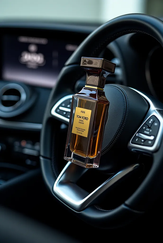 Tom ford perfume Infront of Mercedes steering wheel