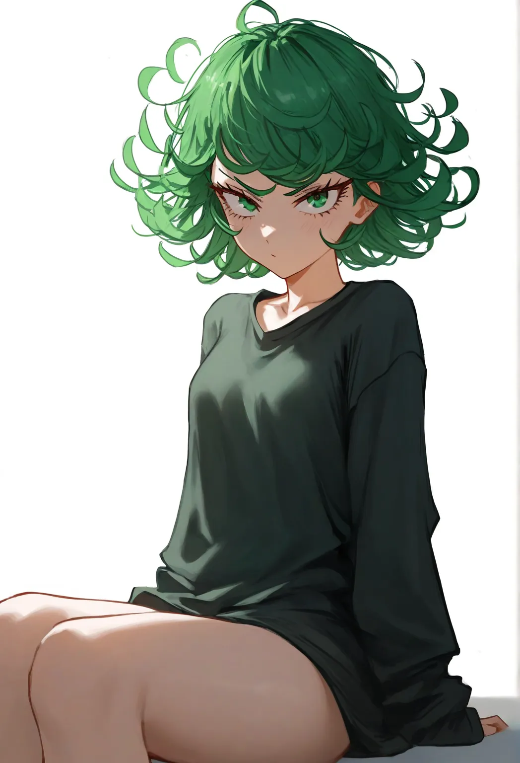 SagawaStyle, aruhshura, detailed eyes, tatsumaki(one-punch man), bottomless, oversized shirt, cute expression, green hair, short hair, wavy hair, small stature, floating hair, looking at viewer, long sleeves, sitting, soft lighting