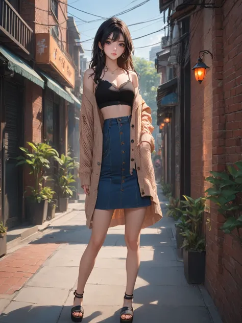 ctr-net, woman, xintong chen, standing on the sidewalk in city street, holding a iced Thai tea and looking at viewer, anime thai girl, full body cute young lady,  brick wall building, BREAK, { black long straight hair}, BREAK, ((long sleeves cardigan (+bei...