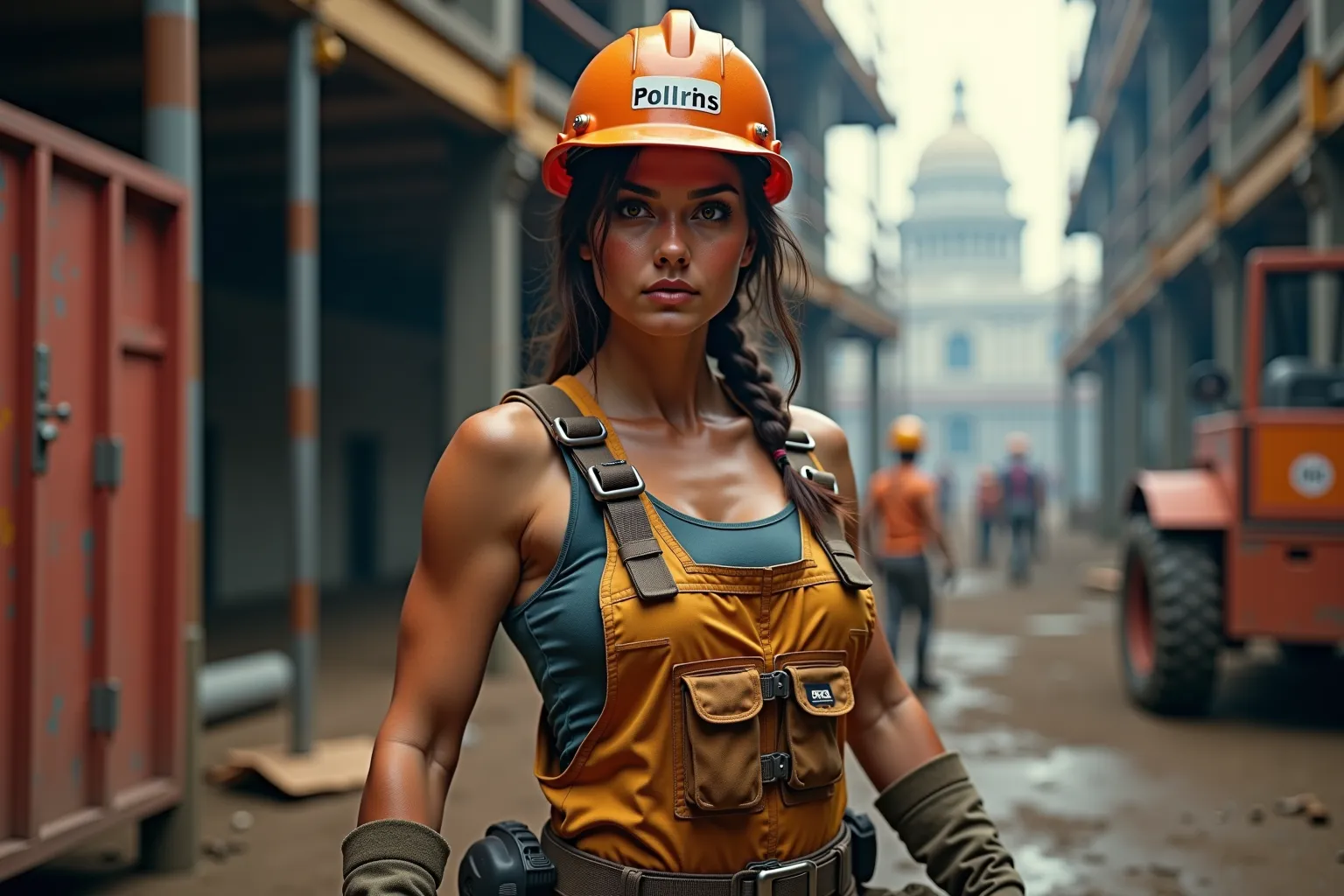 Full body shot of female construction worker, working process, photorealistic, sharp focus, cinematic lighting, high detail, ultra HD, 8K resolution