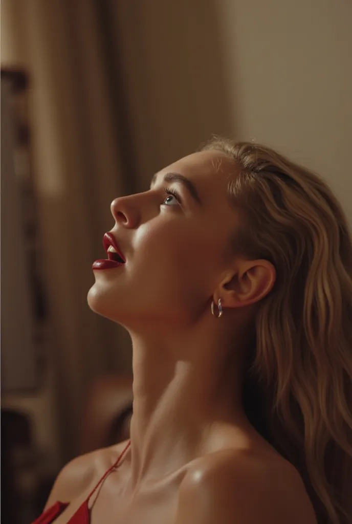 KATHRYN NEWTON is surprised to see a man's penis,Upward point of view sitting on the floor with her mouth open,  She is excited , Enjoy it a lot,  Wish you 