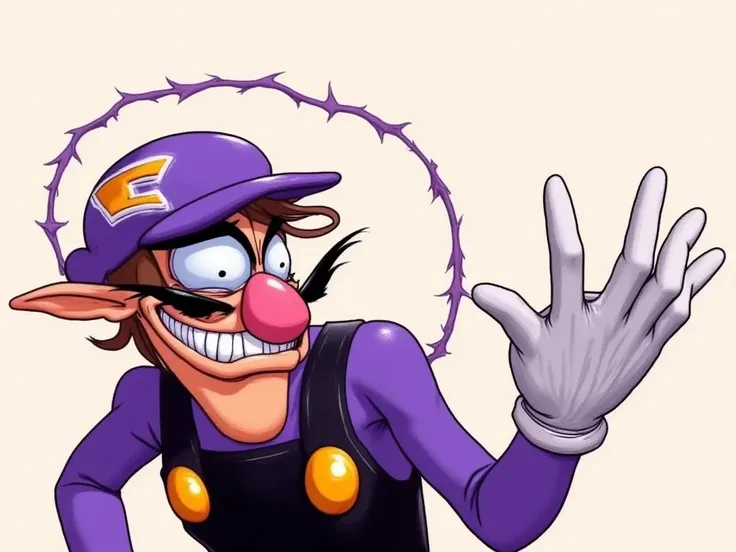 SUBJECT: Waluigi from Mario video games
CORE DESCRIPTORS:
1Waluigi, 1man, video game character
STYLE & ERA:
3d_rendered, modern, cartoon_exaggerated_proportions
BODY STRUCTURE:
lanky_humanoid, 2_arms_2_legs, angular_jointed_limbs, smooth_cartoon_texture
HE...