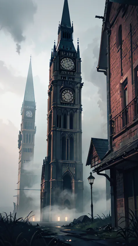 A towering gothic clock tower at midnight, its hands frozen in time, surrounded by thick fog, eerie dim streetlights casting long shadows, cracked stone walls covered in ivy, the faint sound of an old bell echoing through the empty streets, mysterious dark...