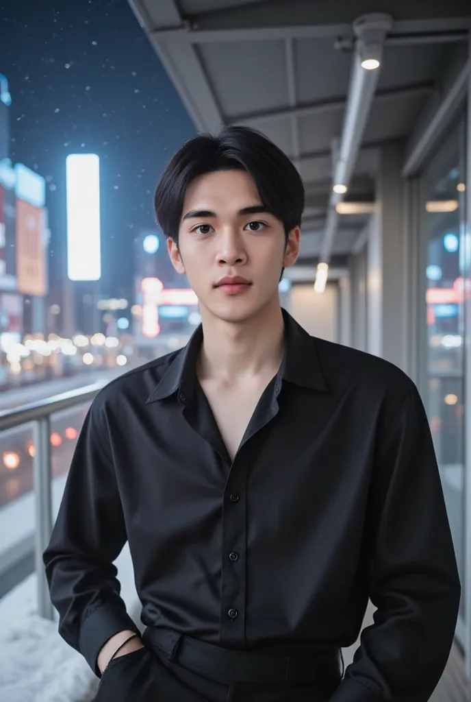 ((4K works))、masterpiece、(Top class)、Beautiful Japanese boy , Refreshing, slim body、I don't wear a scarecrow, Tall、((The black Y-shaped shirt and black pants 、Glamorous street style ))、(Detailed and beautiful eyes )、세련된 영국식 검은색 balcony、、A starry sky 、balco...