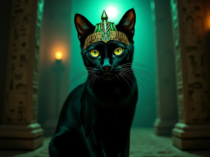 Black cat with a green Egyptian hat