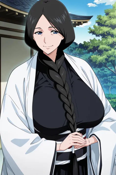 masterpiece,best quality, amazing quality, very aesthetic,anime screencap ,1girl, solo, run0hana, black hair, single braid, dark blue eyes, huge breasts, white haori, wide sleeves, black kimono, obi, black hakama, looking at viewer, old woman,sagging breas...