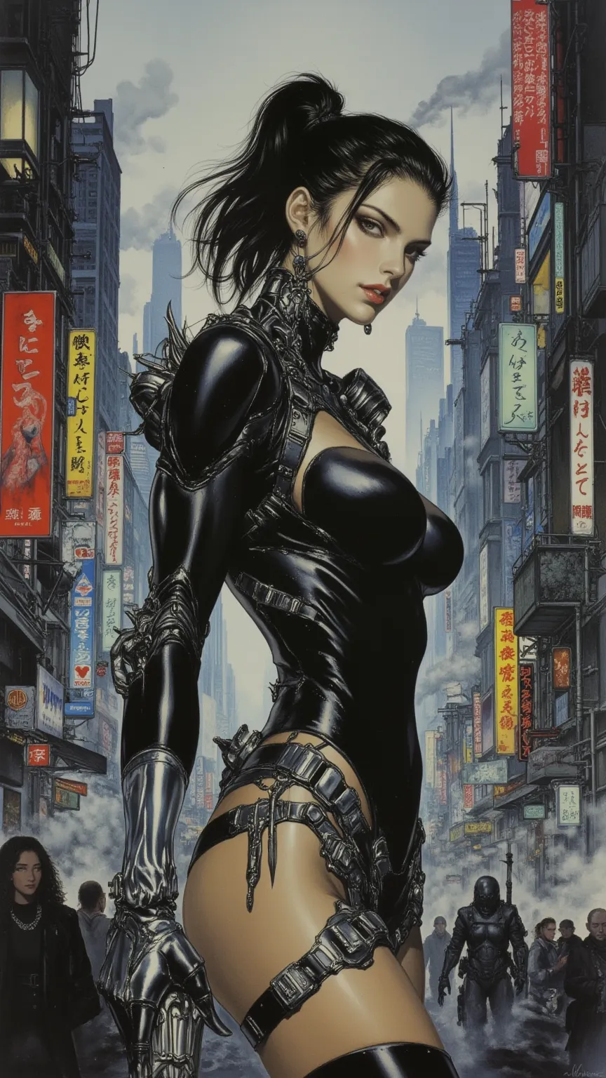 Cyberpunk women，full body，Painted by Shirou Masamune，in a highly detailed and dynamic style, 