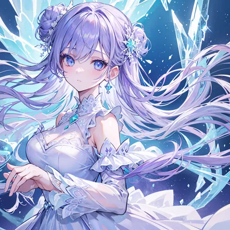 1girl, pale lavender hair, side-swept bun, gemstone hairpins, icy blue gown, snowflake embroidery, high lace collar, frozen palace, icicles, sparkling frost, aurora, vibrant sky, green and purple hues masterpiece, best quality, amazing quality, very aesthe...