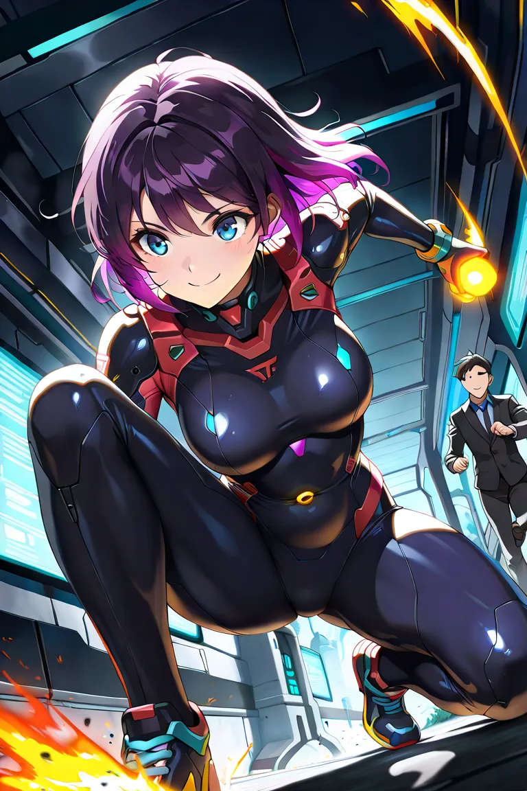 ((((  masterpiece)))), (((( top quality)))),  High Resolution,anatomically correct,1 girl crouching, perfect suit, girl,purple hair,Food,Wear ,belly button sticking, trainer,blue eyes,smile,mechanical, action,On the run,run, cybertech,anime,Aerial,