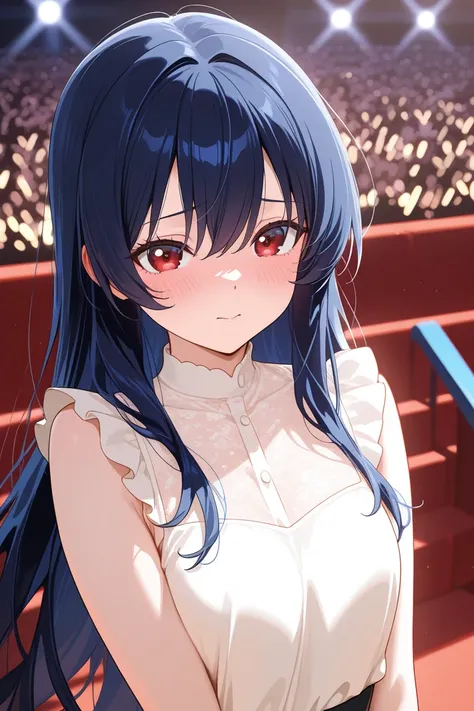    has the best quality ，  Beautiful  ， Very Detailed （ split art 1   .2），Most detailed ，   a girl ，dark blue long hair   ,   dark red eyes    ,   Very Detailed  ,  shy expression ，  facing the audience  ,