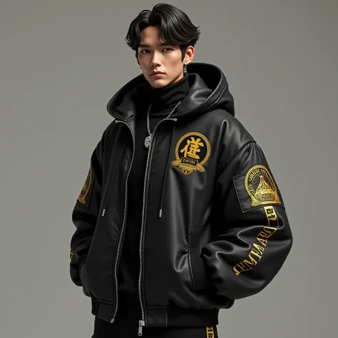 Realistic, High quality , Super detailed and hyper realistic a man:


** Character Description :**

**1. vestuário:**
- **Black oversized jacket with gold details:** voluminous turtleneck,  large hoodie , gold front zipper, wide and short sleeves with fitt...