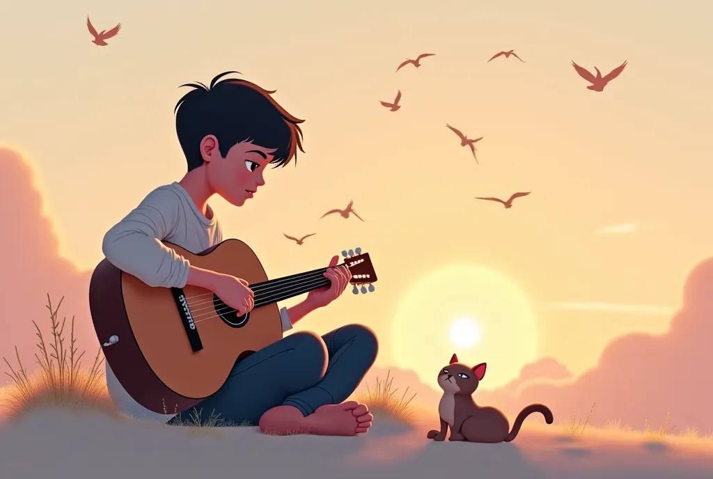 lonely boy playing guitar with his cat in the middle of nowhere the desert of clouds with sweet colors and smooth sunset sky , singing birds very HQ side view. 