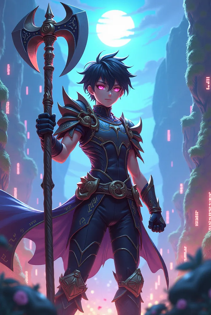 Young man with black short hair and pink eyes wielding an axe and wearing armor. Fantasy anime