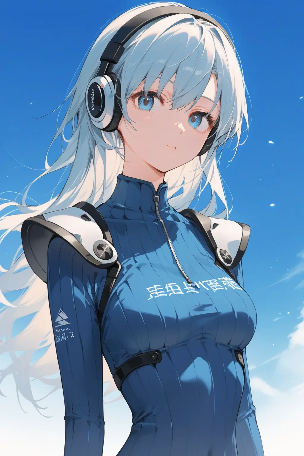 score_9, score_8_up, score_7_up, source_anime, highquality illustration, masterpiece, very delicate and beautiful, attractive girl, beautiful eyes, ((She wears ribbed bodysuit,blue bodysuit, long sleeves, white gloves, animal print, clothes writing, should...