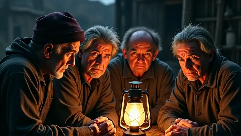 Elderly villagers with worried expressions telling a chilling tale about the bell, their faces lit by a dim lantern.