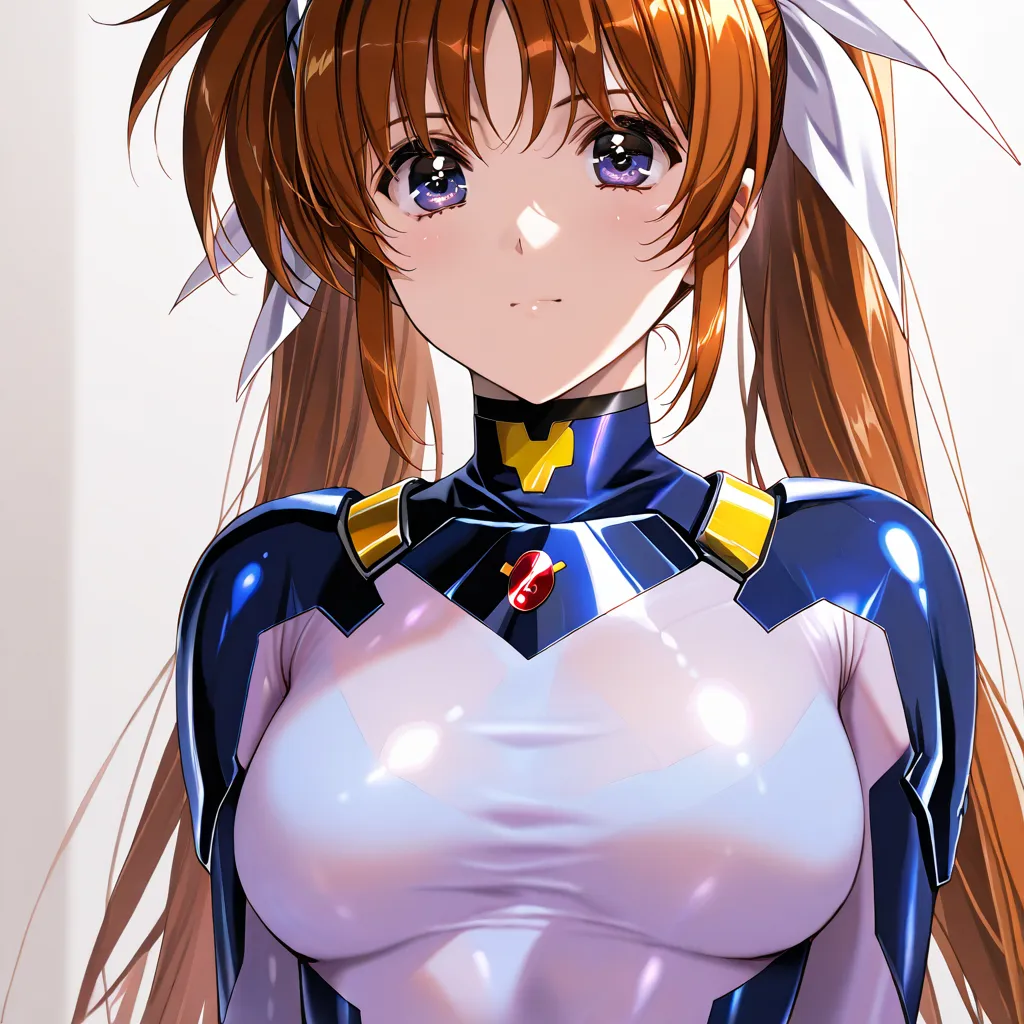 ((highest quality)), ((masterpiece)), (details), （perfect face）、Takamachi Nanoha, who has brown hair with outstanding proportions, wears a blue see-through full-body suit and smiles gently