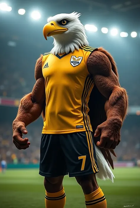 A strong and imposing eagle mascot,  representing a soccer team . The eagle is wearing a uniform identical to the one in the image, consisting of a gold jersey with black details and a number in the center, in addition to black shorts with golden stripes. ...