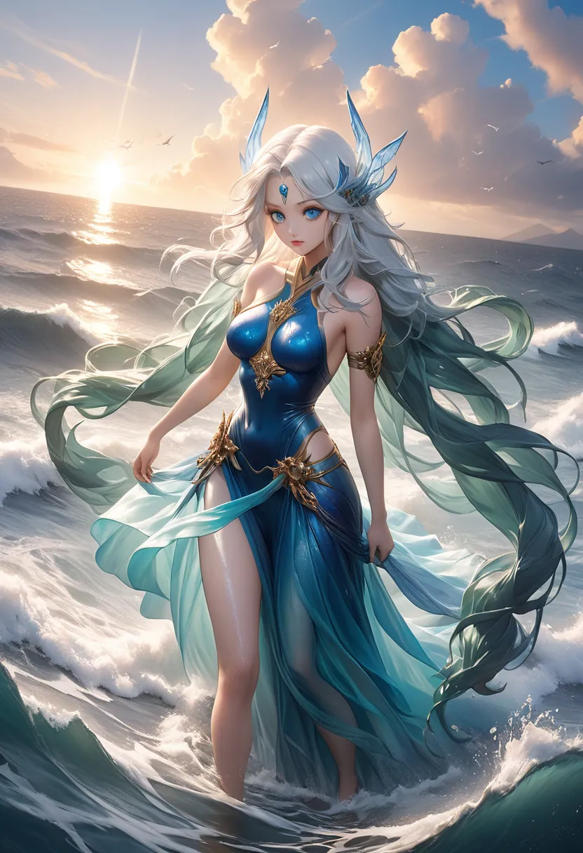 A woman in a blue dress is standing at sea, epic fantasy art style hd, Detailed Fantasy Art,  Asian Women's Water Spirit, Goddess of the Sea, Goddess of the Sea,  detailed fantasy digital art ,  anime fantasy art , 2. 5 d cgi  anime fantasy art ,  SEA QUEE...