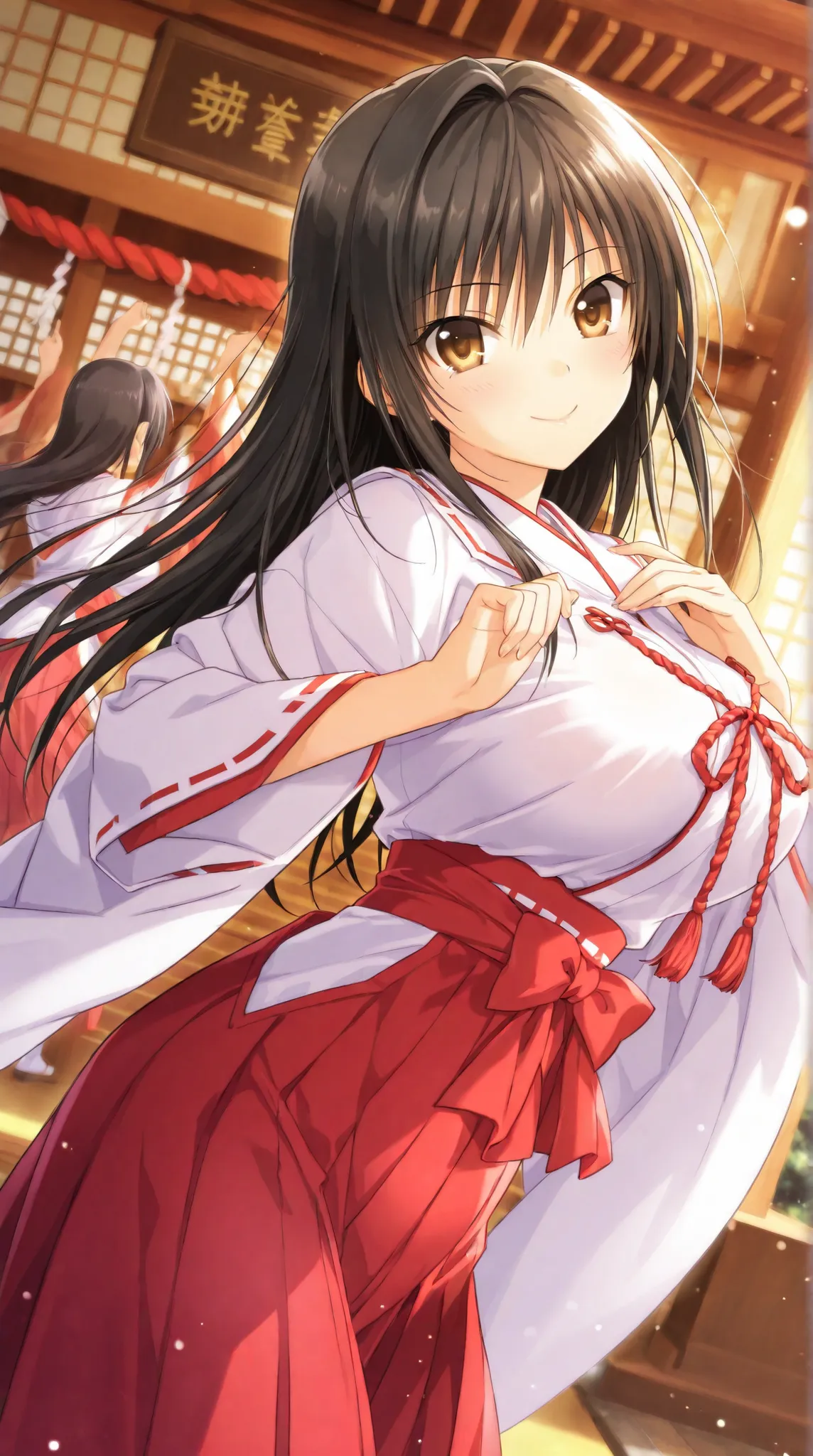 {kotegawa yui},{ to loveru darkness},Detailed particles, depth_of_field, high resolution, high quality, ,uniform, sexy,, high quality, high resolution olution, detailed image, beautiful girl, beautiful to the eye,Japanese room，，，big breast，shrine maiden，，S...