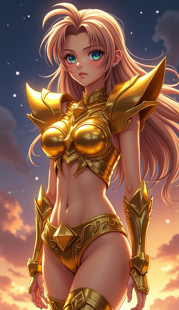  ultra high saturation ，（tmasterpiece），  full body photo，（better quality）， （1 girl）， starryskybackground， wearing shiny gold armor ，  sexy lingerie armor ，Expose your chest，Expose the waist，exposing thighs，cool-pose， Saint Seiya Armor， messy hair，high deta...