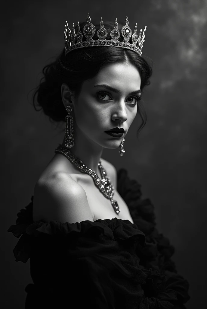 a seductive photo of a woman in a crown, inspired by Jean-Jacques Henner, glamour photography, gothic princess portrait, dramatic serious pose, glamour pose, in black and white, fine art portrait photography, fantasy photoshoot, dramatic and moody, dreamy ...