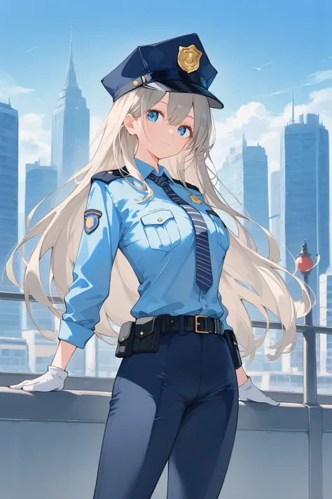 score_9, score_8_up, score_7_up, source_anime, highquality illustration, masterpiece, very delicate and beautiful, attractive girl, beautiful eyes, city, ((She wears police uniform, police hat, white headwear, striped necktie, blue shiry, collared shirt, b...