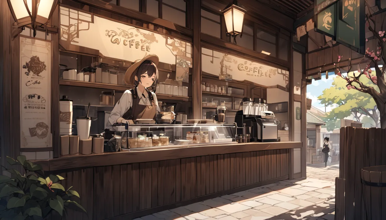 Western-style street corner coffee shop with a single cherry tree, 