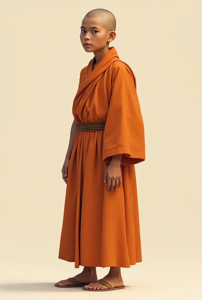 Full profile, 1monk, solo, standing mood, a monk have medium brown skin tones and are bald or have very short hair. The facial features are soft and rounded, typical of cartoon-style representation. monk face look at camera, foot on ground, The clothing of...