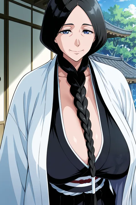 masterpiece,best quality, amazing quality, very aesthetic,anime screencap ,1girl, solo, run0hana, black hair, single braid, dark blue eyes, huge breasts, white haori, wide sleeves, black kimono, obi, black hakama,cleavage, looking at viewer, old woman,sagg...