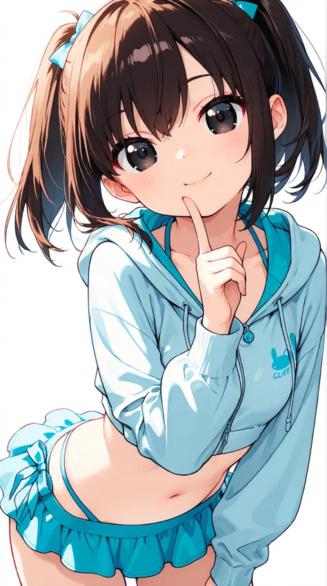 anime style、 1 standing girl、cute face、big cute eyes、dark eyes、extra long voluminous ponytail、 M-Bang 、 dark brown hair、gentle smile、green moe-sleeved hoodie、belly button、pale light blue stripes々bikini、(micro mini skirt: 1.2)、cowboy shot、lean forward、 puts...